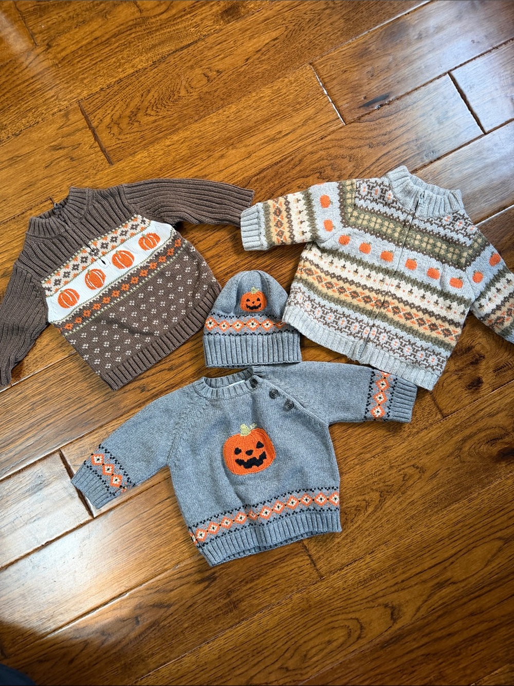 Kids Lot of 3 Pumpkin Vintage Sweaters & Hat Set - Gray, Brown, Cream